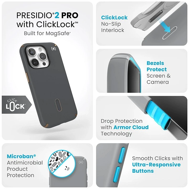 Dėklas Speck Presidio2 Pro ClickLock & MagSafe do iPhone 15 Pro pilka
