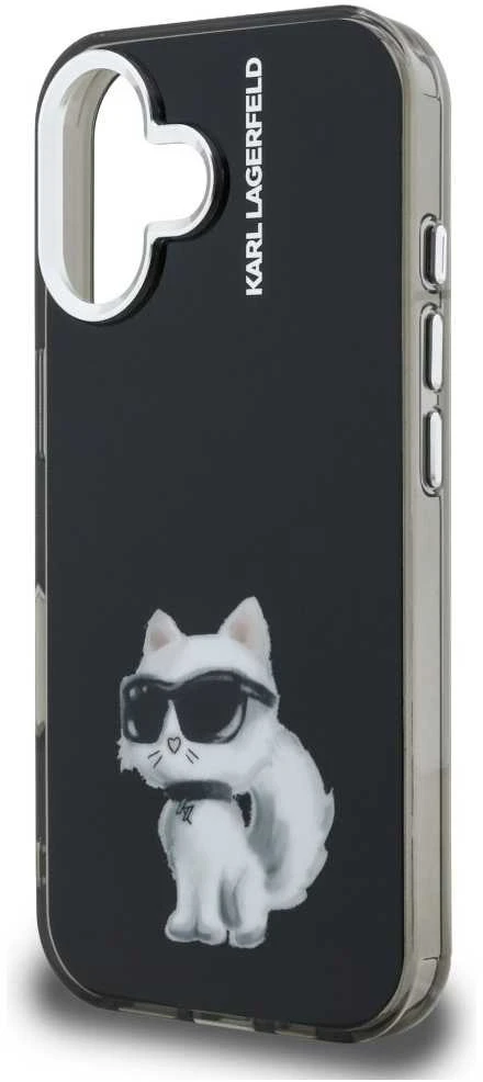 Karl Lagerfeld IML Aquarelle Choupette dėklas Apple iPhone 16 juodos spalvos