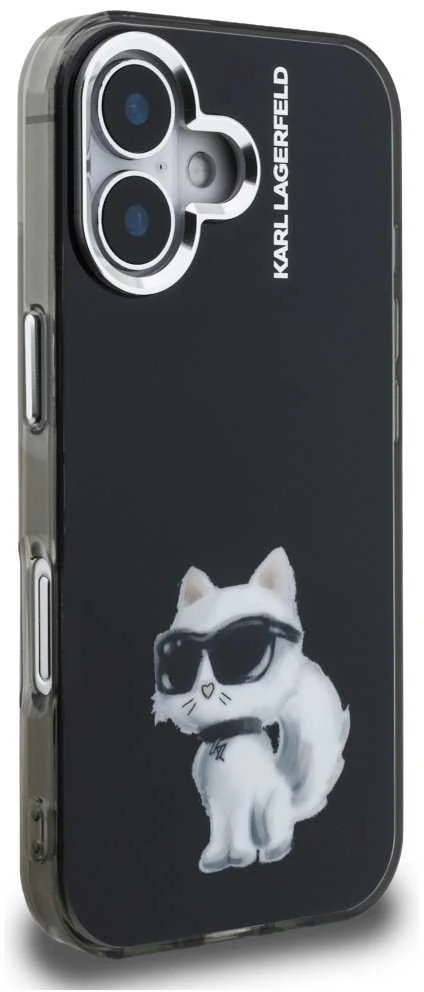 Karl Lagerfeld IML Aquarelle Choupette dėklas Apple iPhone 16 juodos spalvos