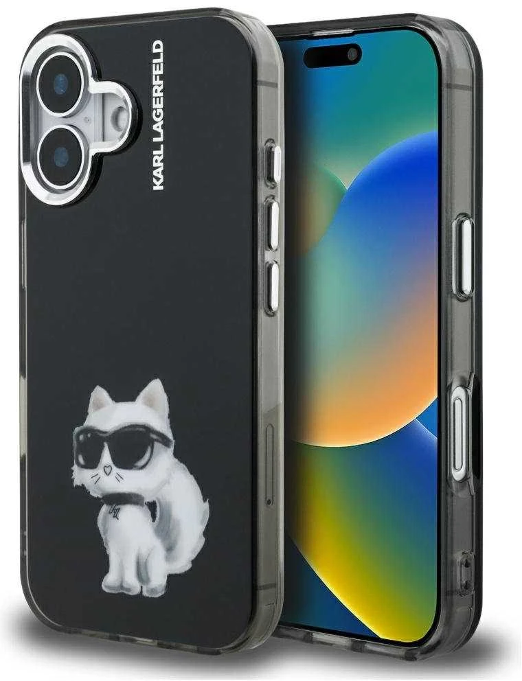 Karl Lagerfeld IML Aquarelle Choupette dėklas Apple iPhone 16 juodos spalvos