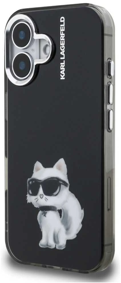 Karl Lagerfeld IML Aquarelle Choupette dėklas Apple iPhone 16 juodos spalvos