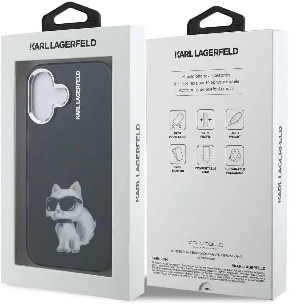 Karl Lagerfeld IML Aquarelle Choupette dėklas Apple iPhone 16 juodos spalvos