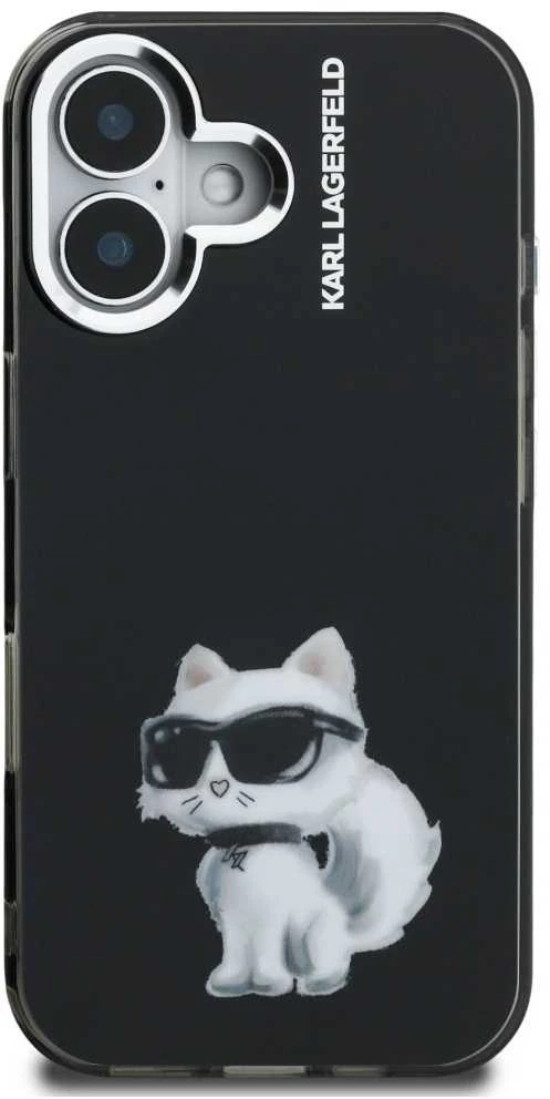 Karl Lagerfeld IML Aquarelle Choupette dėklas Apple iPhone 16 juodos spalvos