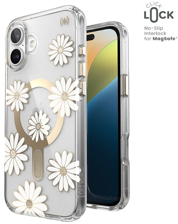 Speck Presidio Lux ClickLock & MagSafe - dėklas skirtas Apple iPhone 16 Plus Sunshine Daisies / Clear / Gold