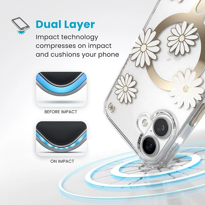 Speck Presidio Lux ClickLock & MagSafe - dėklas skirtas Apple iPhone 16 Plus Sunshine Daisies / Clear / Gold