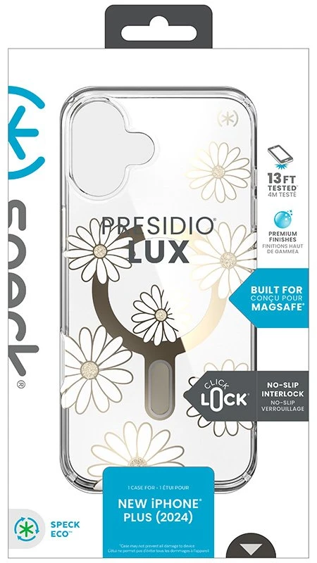 Speck Presidio Lux ClickLock & MagSafe - dėklas skirtas Apple iPhone 16 Plus Sunshine Daisies / Clear / Gold