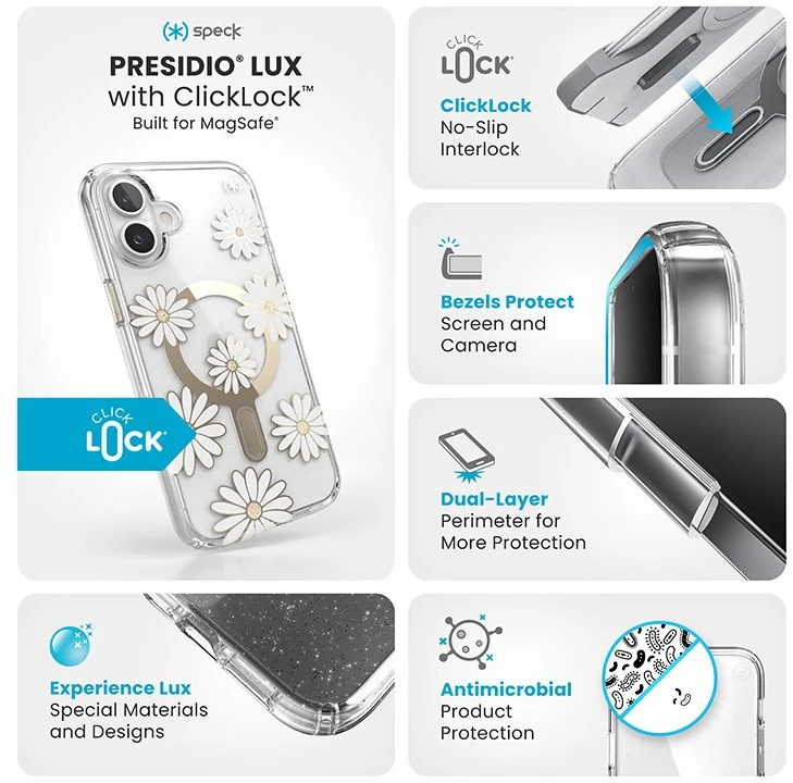 Speck Presidio Lux ClickLock & MagSafe - dėklas skirtas Apple iPhone 16 Plus Sunshine Daisies / Clear / Gold