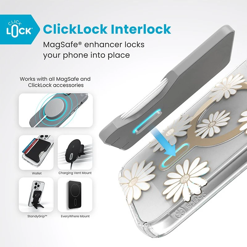 Speck Presidio Lux ClickLock & MagSafe - dėklas skirtas Apple iPhone 16 Plus Sunshine Daisies / Clear / Gold