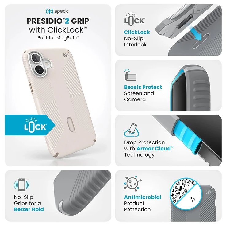 Dėklas Speck Presidio2 Grip ClickLock & MagSafe do iPhone 16 Plus smėlio spalva