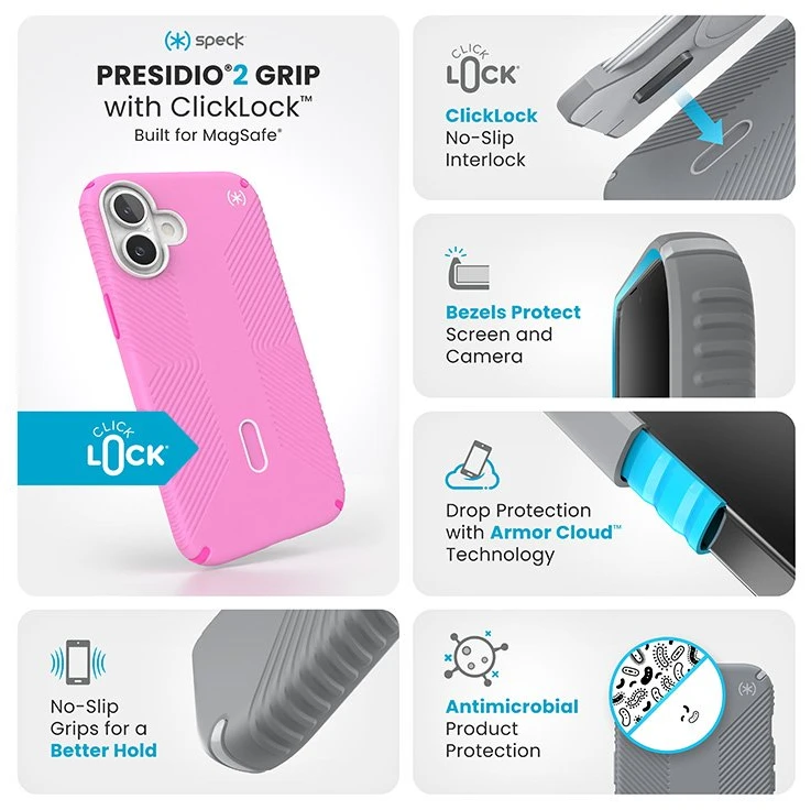 Dėklas Speck Presidio2 Grip ClickLock & MagSafe do iPhone 16 Plus rožinė