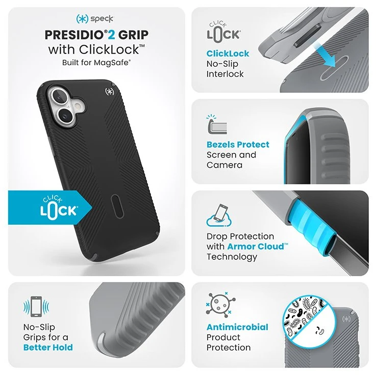Dėklas Speck Presidio2 Grip ClickLock & MagSafe do iPhone 16 Plus juoda