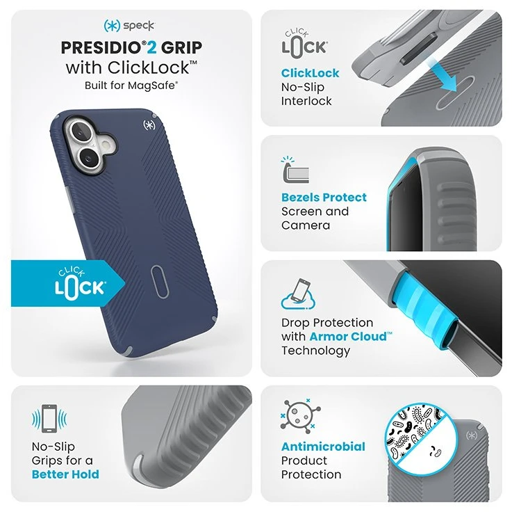 Speck Presidio2 Grip ClickLock & MagSafe - dėklas skirtas Apple iPhone 16 Plus Coastal Mėlyna / Dust Pilkas / Baltas