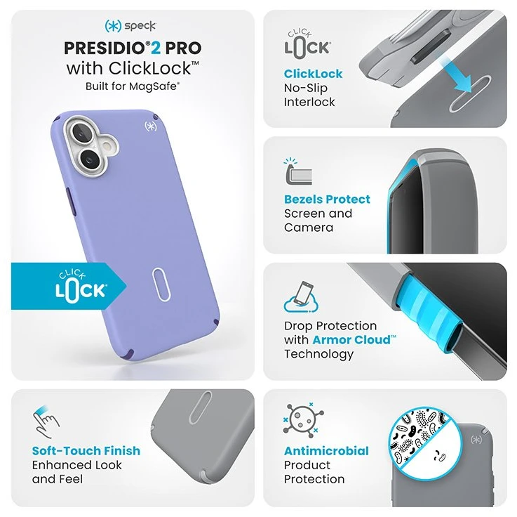 Dėklas Speck Presidio2 Pro ClickLock & MagSafe do iPhone 16 Plus mėlyna