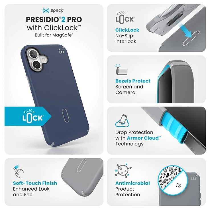 Dėklas Speck Presidio2 Pro ClickLock & MagSafe do iPhone 16 Plus tamsiai mėlyna