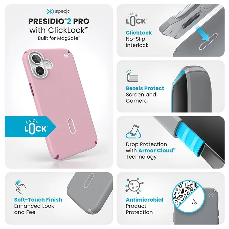 Dėklas Speck Presidio2 Pro ClickLock & MagSafe do iPhone 16 Plus rožinė