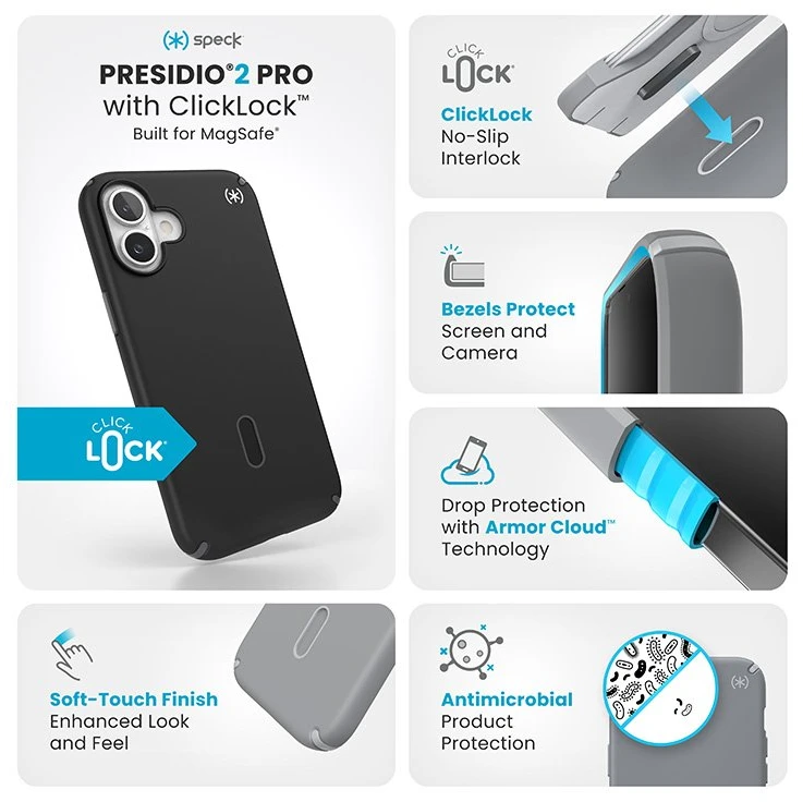 Speck Presidio2 Pro ClickLock & MagSafe - dėklas skirtas Apple iPhone 16 Plus Juodas / Slate Pilkas / Baltas