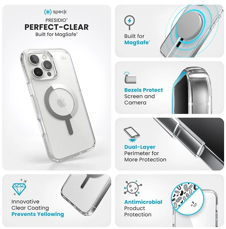 Speck Presidio Perfect-Clear MagSafe - dėklas skirtas Apple iPhone 16 Pro Max Clear / Chrome Finish / Serene Sidabrinis
