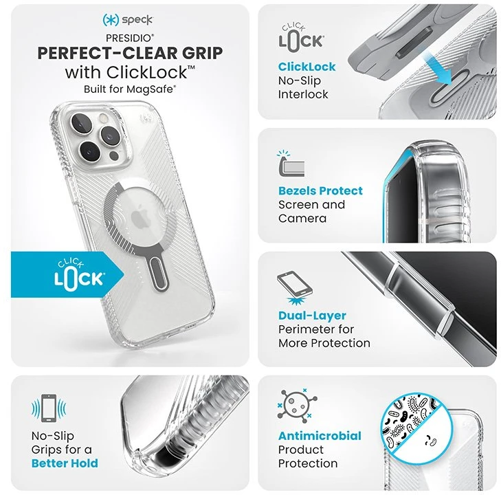 Speck Presidio Perfect-Clear Grip ClickLock & MagSafe - dėklas skirtas Apple iPhone 16 Pro Max Clear / Chrome Finish / Serene Sidabrinis