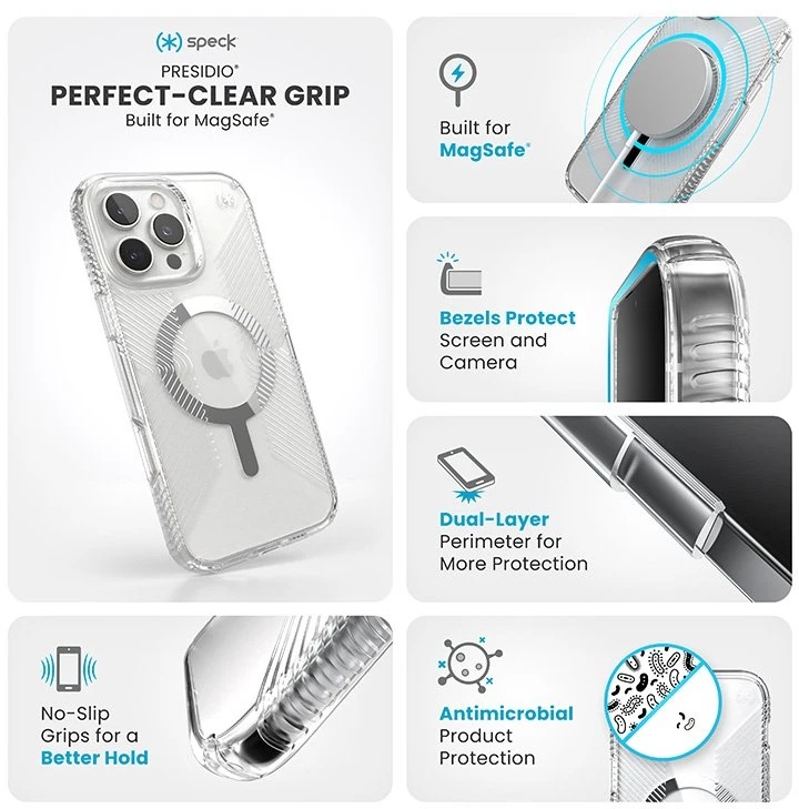 Speck Presidio Perfect-Clear Grip MagSafe - dėklas skirtas Apple iPhone 16 Pro Max Clear / Chrome Finish / Serene Sidabrinis