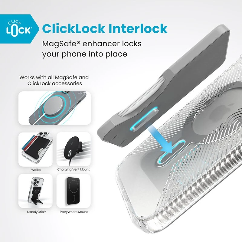 Speck Presidio Perfect-Clear Grip ClickLock & MagSafe - dėklas skirtas Apple iPhone 16 Pro Max Clear / Chrome Finish / Serene Sidabrinis