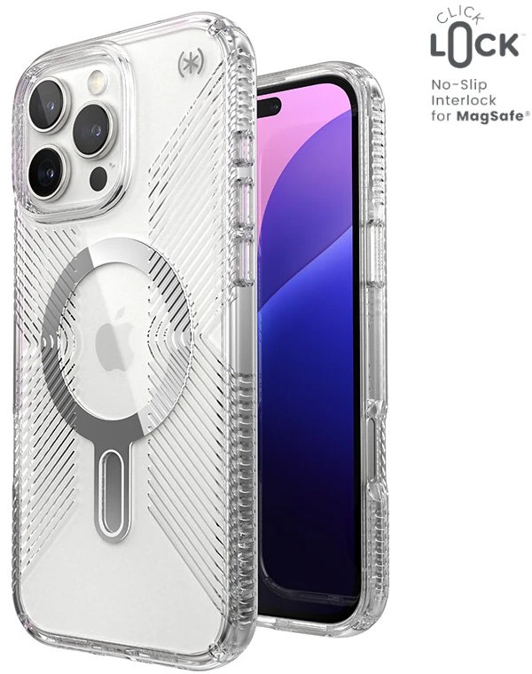Speck Presidio Perfect-Clear Grip ClickLock & MagSafe - dėklas skirtas Apple iPhone 16 Pro Max Clear / Chrome Finish / Serene Sidabrinis