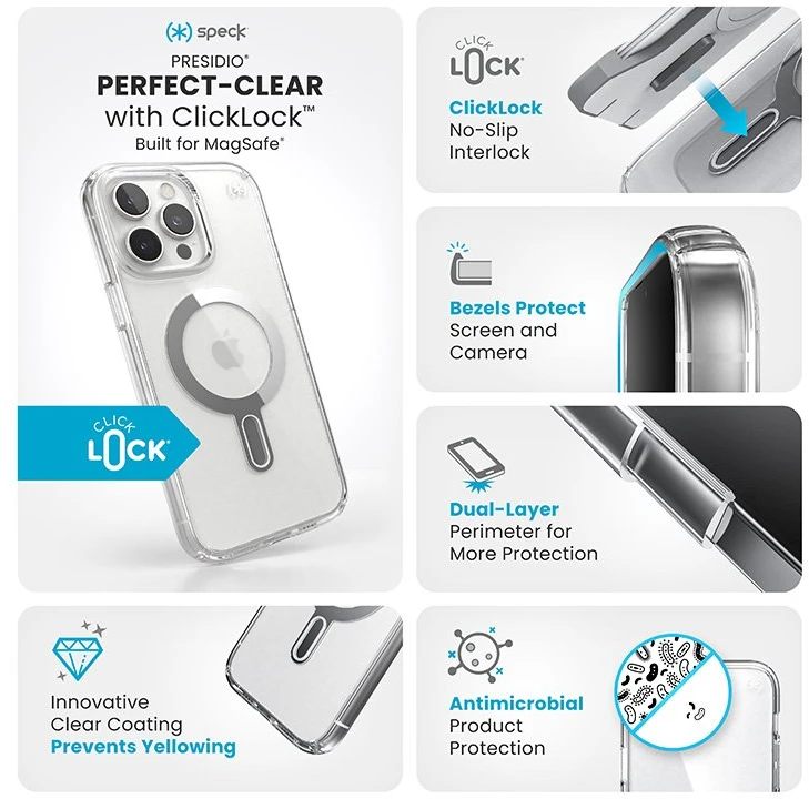 Dėklas Speck Presidio Perfect-Clear ClickLock & MagSafe do iPhone 16 Pro Max permatomas