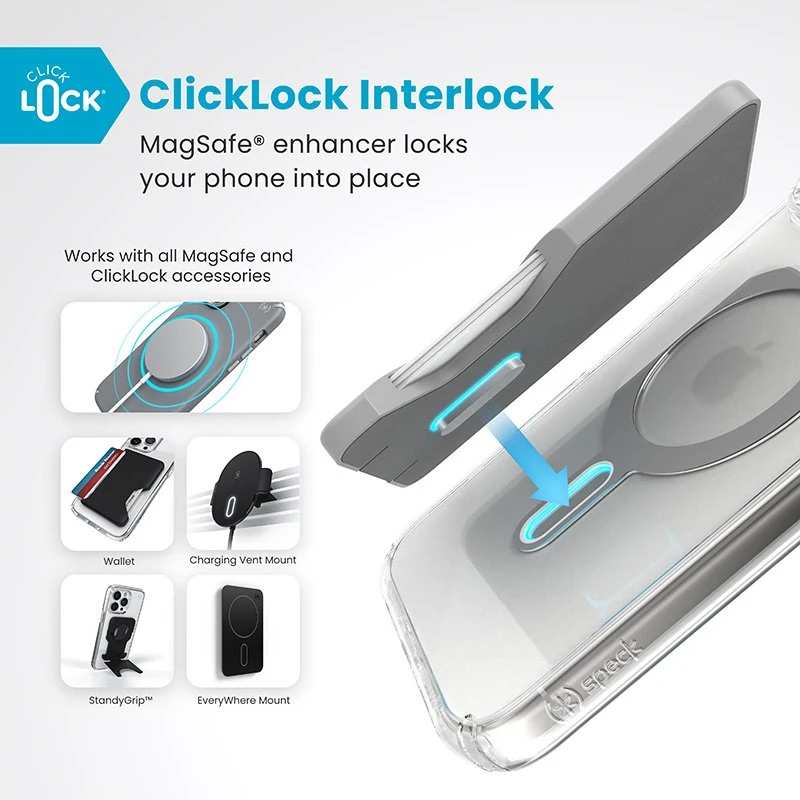 Dėklas Speck Presidio Perfect-Clear ClickLock & MagSafe do iPhone 16 Pro Max permatomas