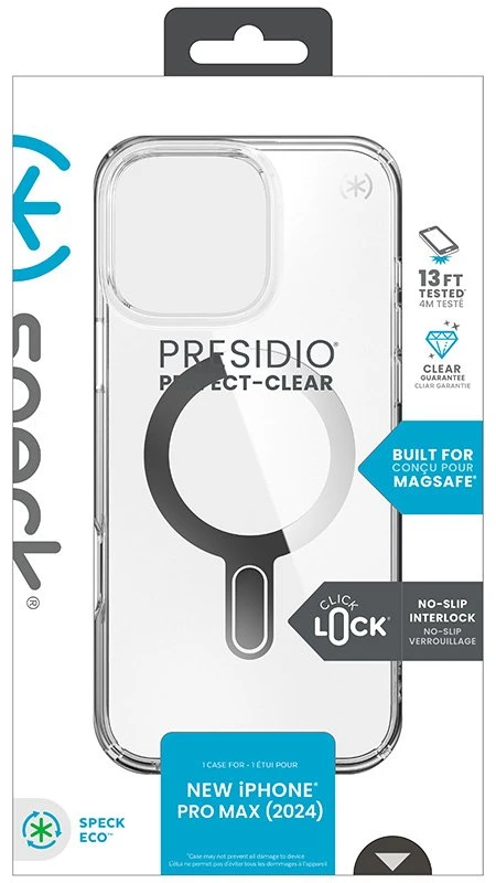 Dėklas Speck Presidio Perfect-Clear ClickLock & MagSafe do iPhone 16 Pro Max permatomas