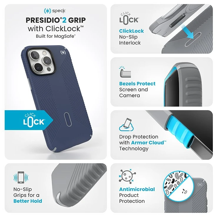 Dėklas Speck Presidio2 Grip ClickLock & MagSafe do iPhone 16 Pro Max mėlyna