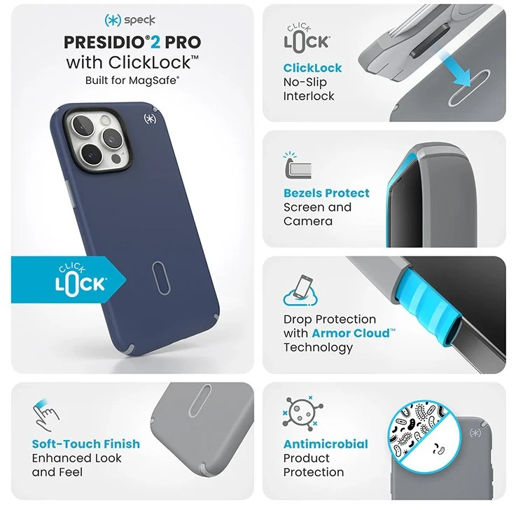 Speck Presidio2 Pro ClickLock & MagSafe - dėklas skirtas Apple iPhone 16 Pro Max Coastal Mėlyna / Dust Pilkas / Baltas