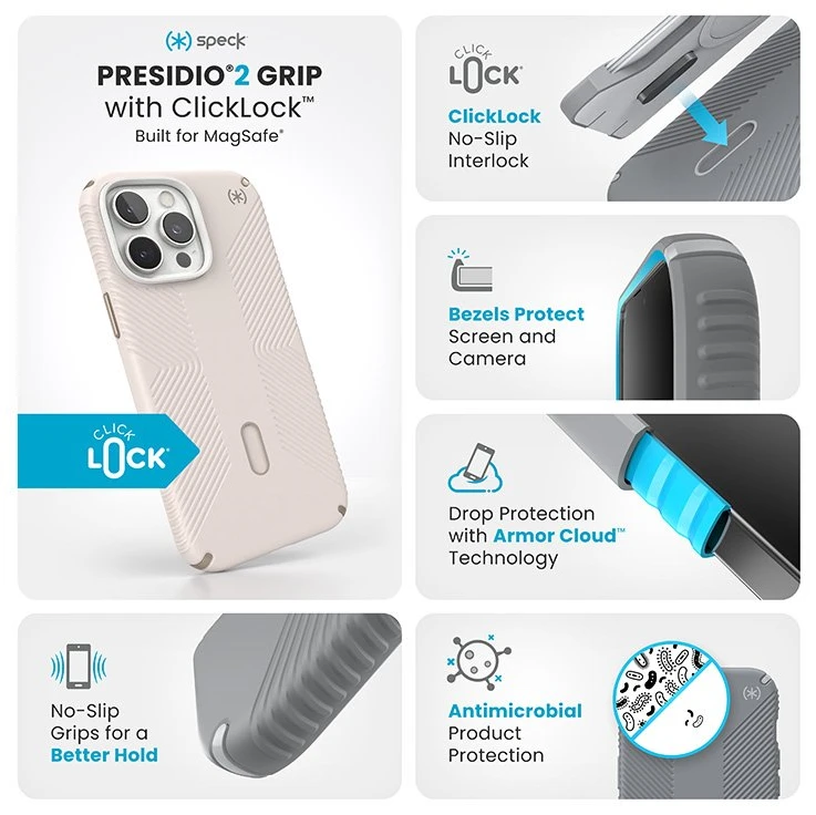 Dėklas Speck Presidio2 Grip ClickLock & MagSafe do iPhone 16 Pro Max smėlio spalva