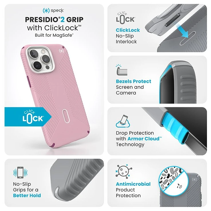 Dėklas Speck Presidio2 Grip ClickLock & MagSafe do iPhone 16 Pro Max rožinė