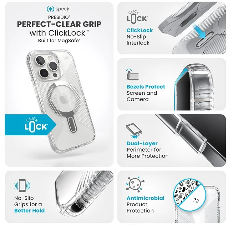 Dėklas Speck Presidio Perfect-Clear Grip ClickLock & MagSafe do iPhone 16 Pro permatomas