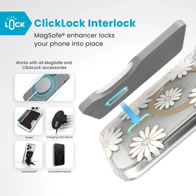 Speck Presidio Lux ClickLock & MagSafe - dėklas skirtas Apple iPhone 16 Pro Sunshine Daisies / Clear / Gold