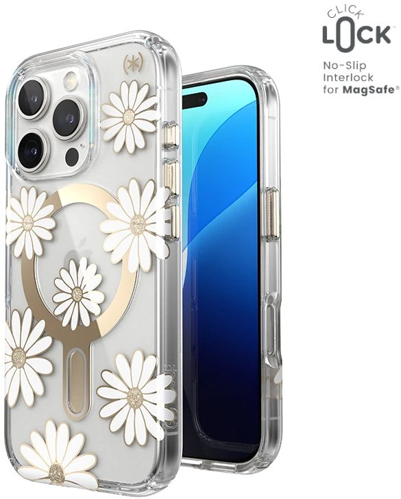 Speck Presidio Lux ClickLock & MagSafe - dėklas skirtas Apple iPhone 16 Pro Sunshine Daisies / Clear / Gold