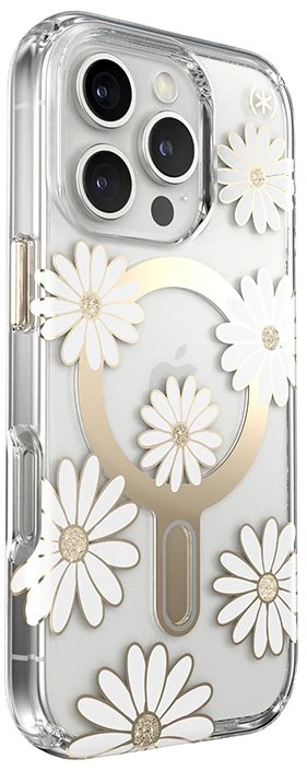 Speck Presidio Lux ClickLock & MagSafe - dėklas skirtas Apple iPhone 16 Pro Sunshine Daisies / Clear / Gold