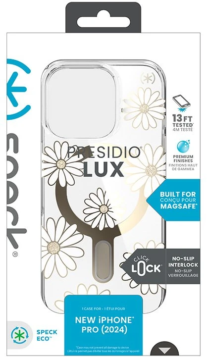Speck Presidio Lux ClickLock & MagSafe - dėklas skirtas Apple iPhone 16 Pro Sunshine Daisies / Clear / Gold