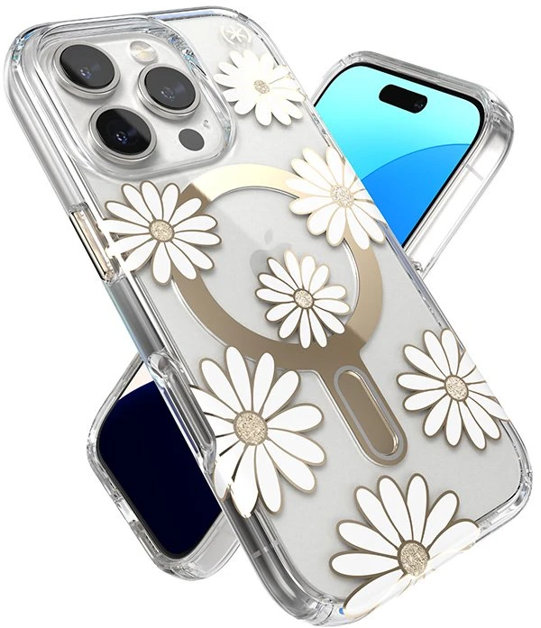 Speck Presidio Lux ClickLock & MagSafe - dėklas skirtas Apple iPhone 16 Pro Sunshine Daisies / Clear / Gold