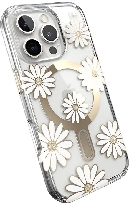 Speck Presidio Lux ClickLock & MagSafe - dėklas skirtas Apple iPhone 16 Pro Sunshine Daisies / Clear / Gold