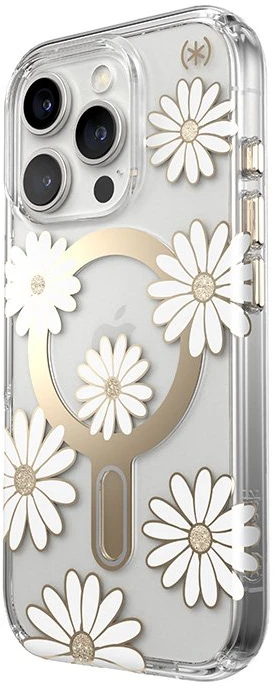 Speck Presidio Lux ClickLock & MagSafe - dėklas skirtas Apple iPhone 16 Pro Sunshine Daisies / Clear / Gold
