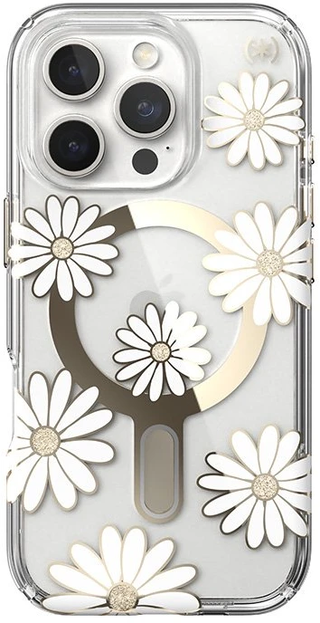 Speck Presidio Lux ClickLock & MagSafe - dėklas skirtas Apple iPhone 16 Pro Sunshine Daisies / Clear / Gold