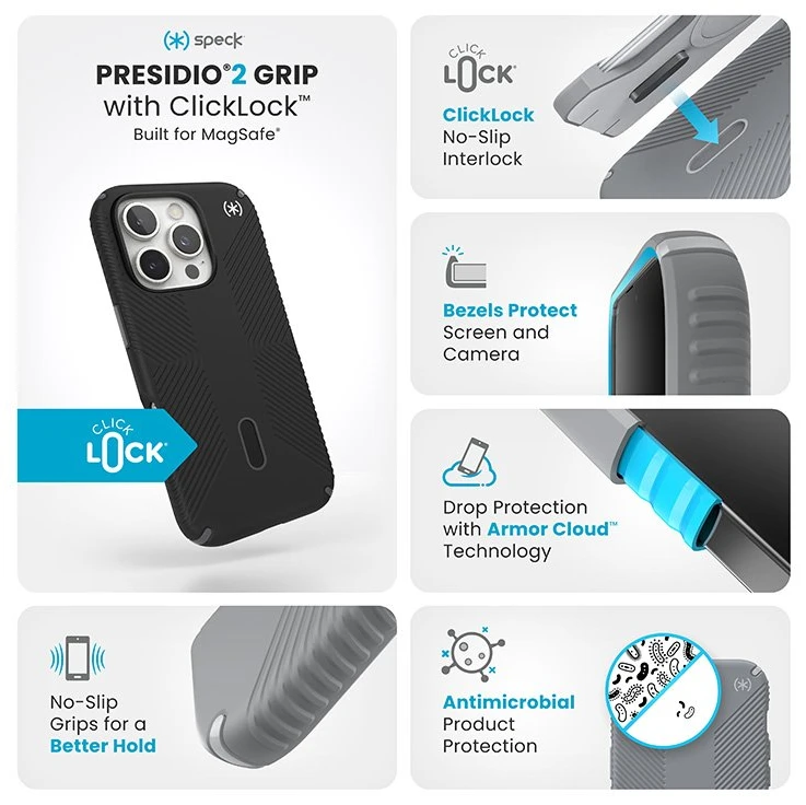 Dėklas Speck Presidio2 Grip ClickLock & MagSafe do iPhone 16 Pro juoda