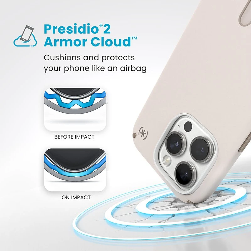 Dėklas Speck „Presidio2 Pro ClickLock“ ir „MagSafe“, skirti „iPhone 16 Pro“, smėlio spalvos