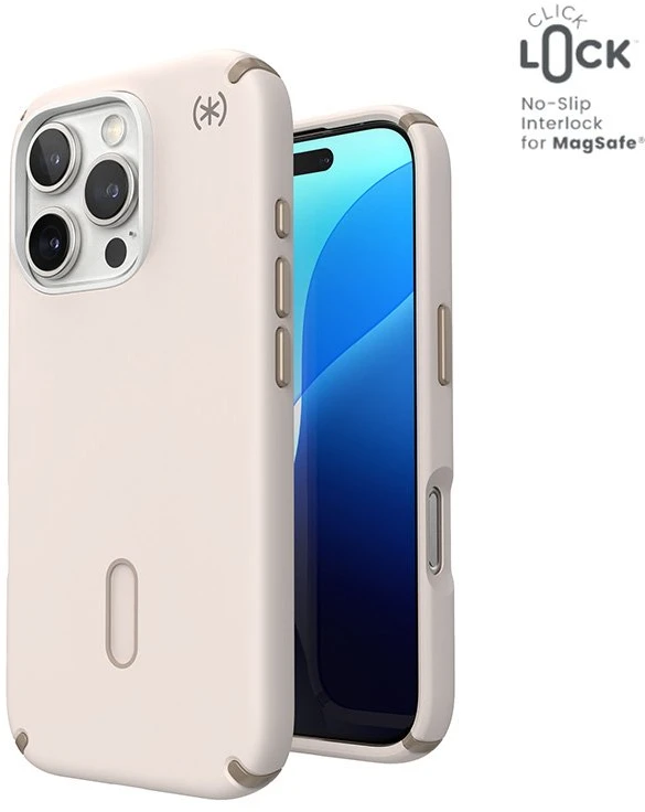 Dėklas Speck „Presidio2 Pro ClickLock“ ir „MagSafe“, skirti „iPhone 16 Pro“, smėlio spalvos