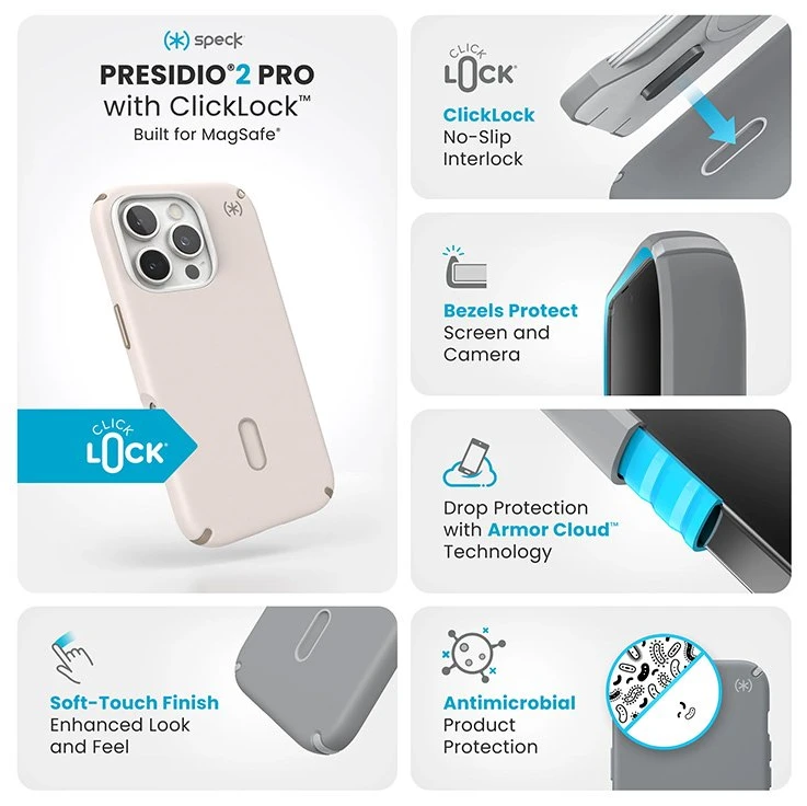 Dėklas Speck „Presidio2 Pro ClickLock“ ir „MagSafe“, skirti „iPhone 16 Pro“, smėlio spalvos