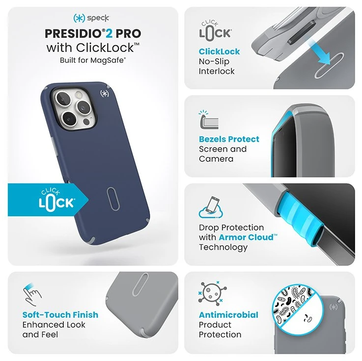 Dėklas Speck Presidio2 Pro ClickLock & MagSafe do iPhone 16 Pro tamsiai mėlyna