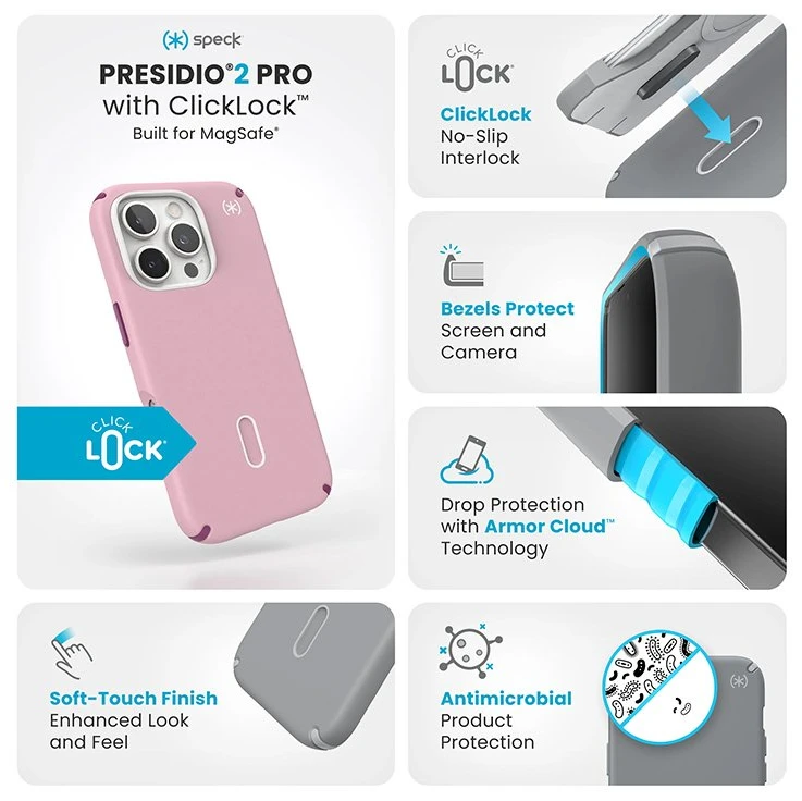 Speck Presidio2 Pro ClickLock & MagSafe - dėklas skirtas Apple iPhone 16 Pro Wednesday Rožinė / Boysenberry Violetinė / Baltas