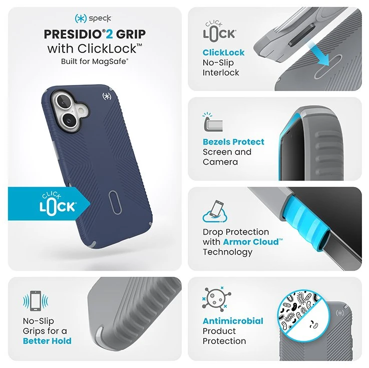 Dėklas Speck Presidio2 Grip ClickLock & MagSafe do iPhone 16 tamsiai mėlyna