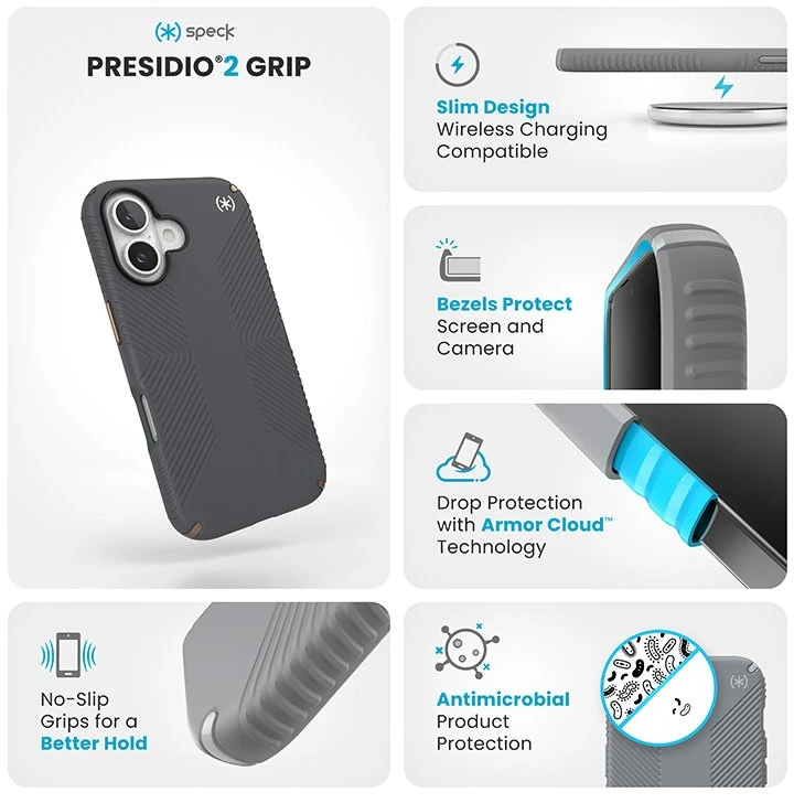 Dėklas Speck Presidio2 Grip do iPhone 16 pilka