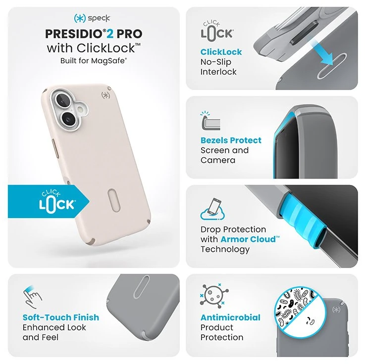 Dėklas Speck „Presidio2 Pro ClickLock“ ir „MagSafe“, skirti „iPhone 16“, smėlio spalvos